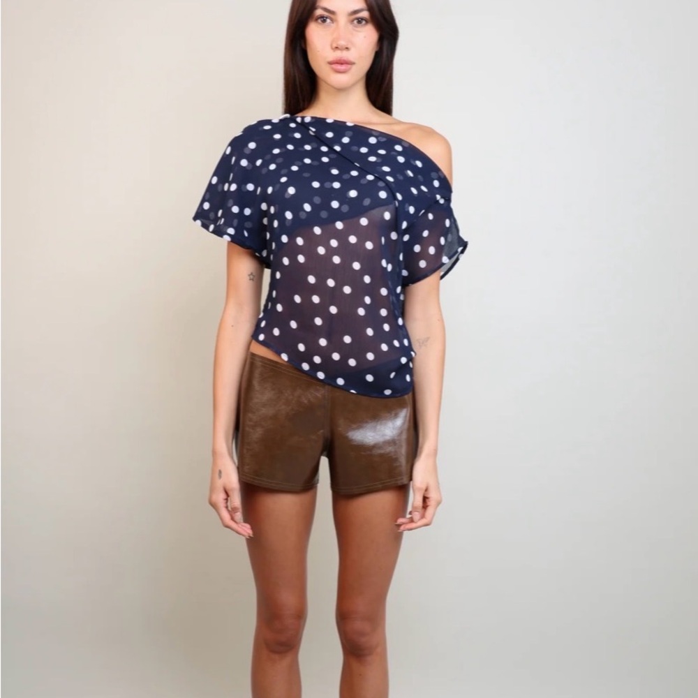 By Gianna Polka Dot Off-Shoulder Drape Top